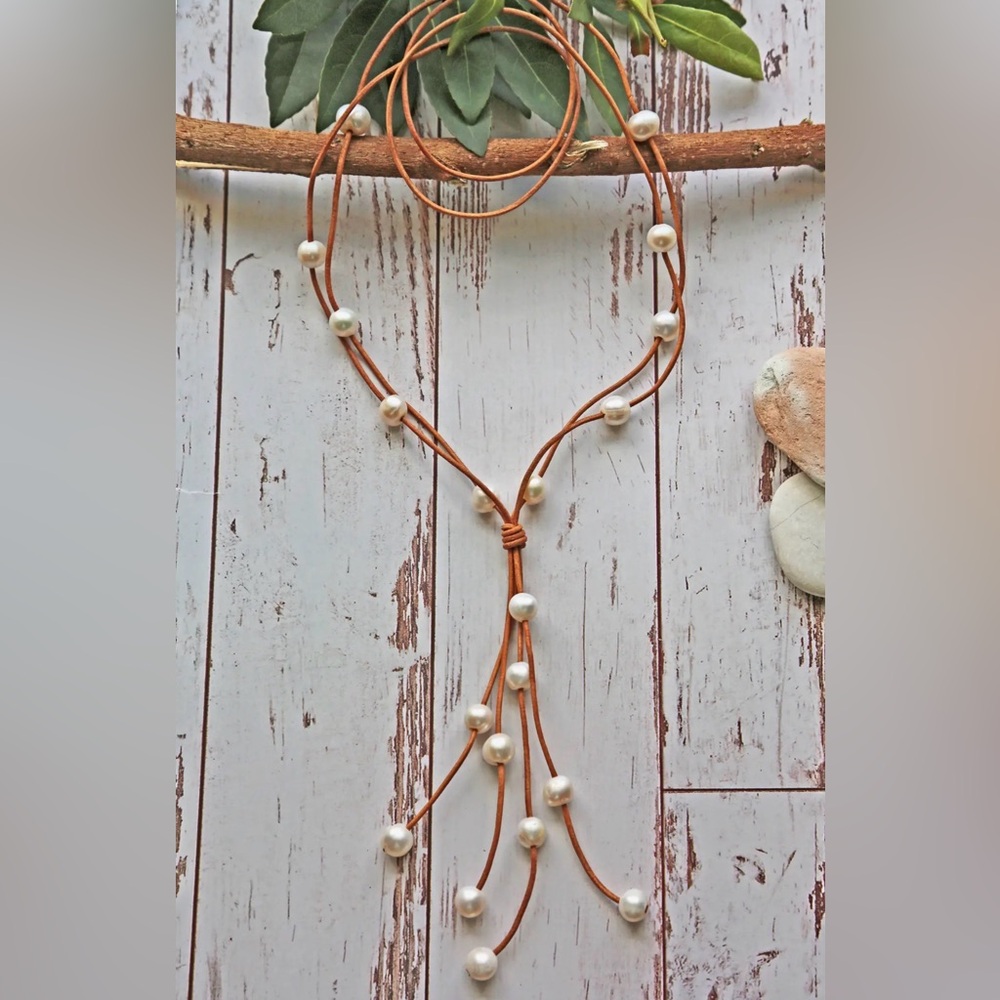 Handcrafted Brown Leather Freshwater Pearl Lariat Necklace